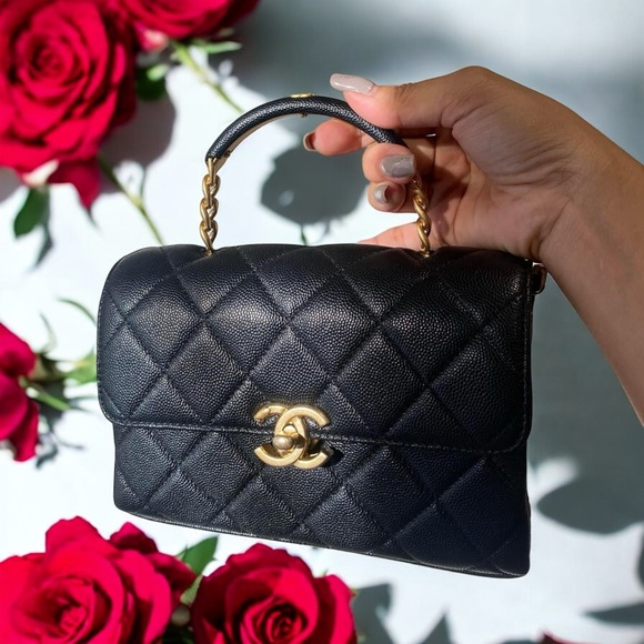 CHANEL 23S Classic Top  Handle Flap Black Caviar Leather Gold HWR Small Bag! - Picture 16 of 16